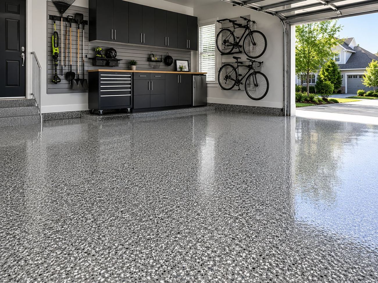 Custom flake epoxy garage floor with dark cabinetry and bike storage