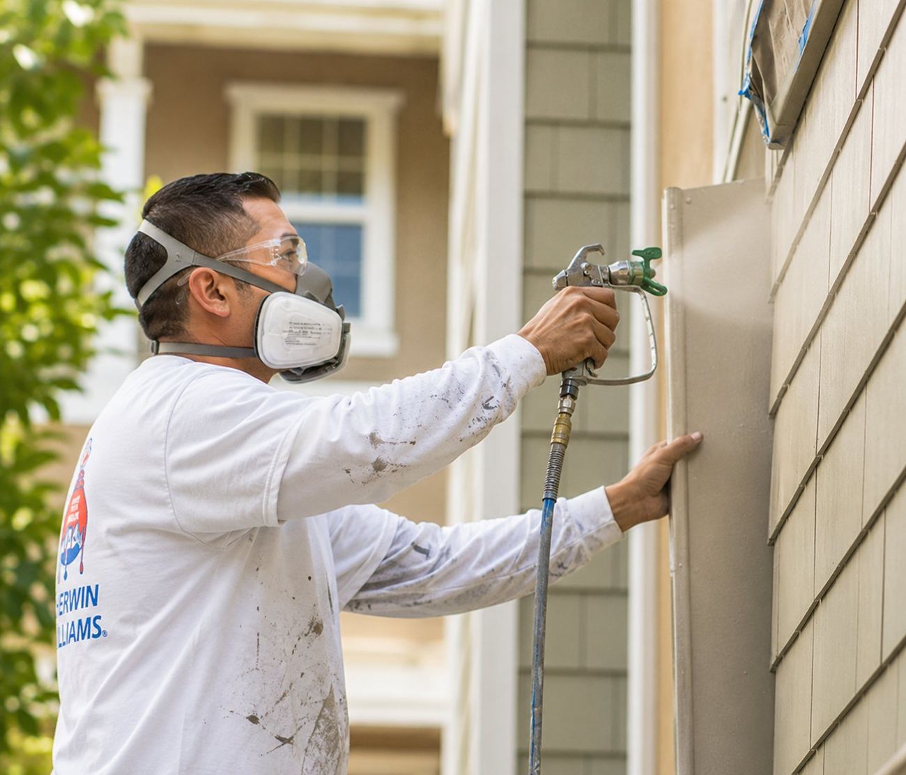 KCX Paint Professionals painter spraying an exterior home wall